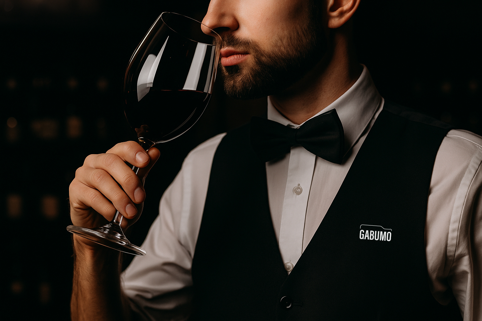 Sommelier con papillon che degusta un calice di vino